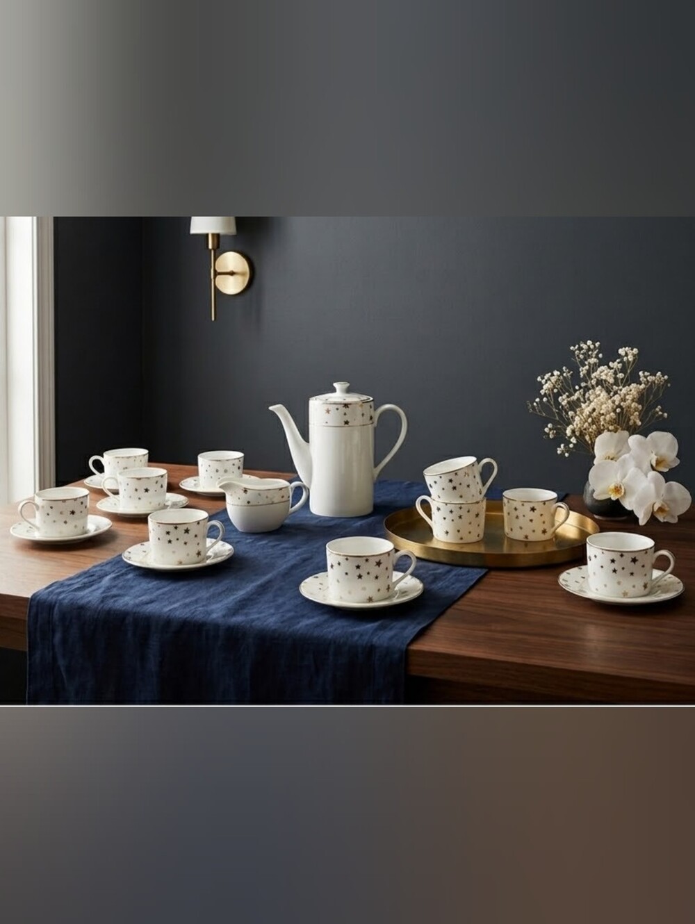SAakura Galaxy 18 Pieces Celestial Tea/ Coffee "For 8 " Elegant White and Gold